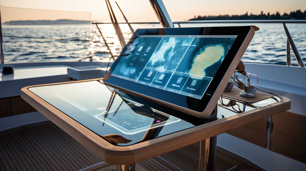 displayman's marine waterproof touchscreen displays showcased on the deck of a sleek yacht