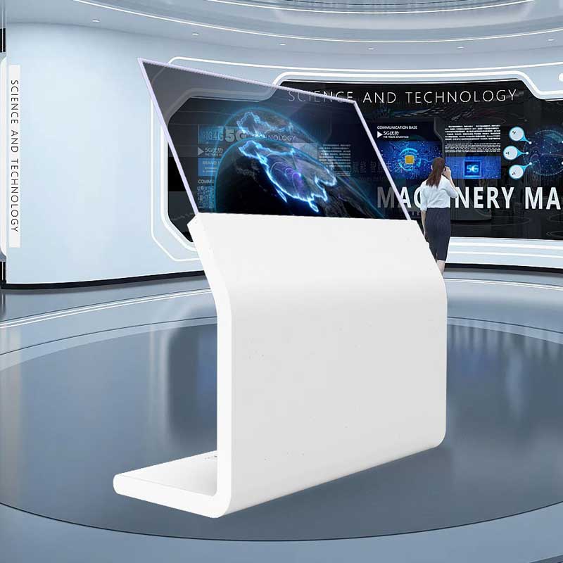 55 inch transparent oled display–angled tabletop free standing signage