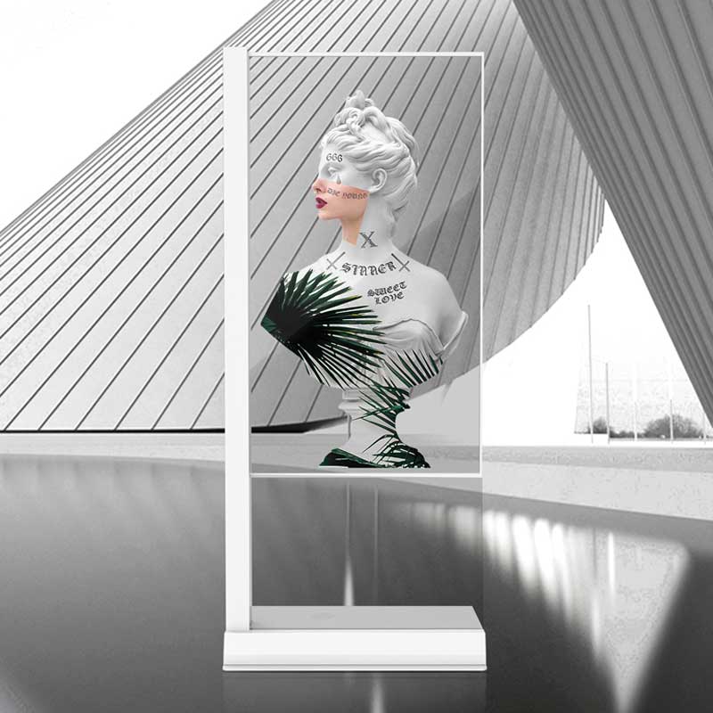 55 inch transparent oled display –vertical l base free standing signage