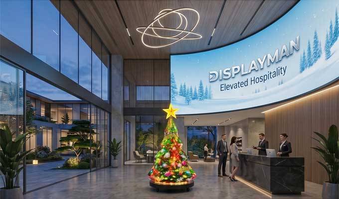 a christmas tree shaped led display in hotel