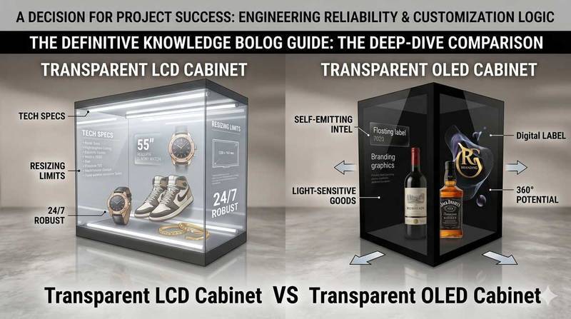 Feature image of DisplayMan knowledge blog: Transparent LCD cabinet versus Transparent OLED cabinet showcase.