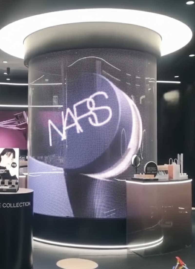 curved led holographic invisible screen in retail store