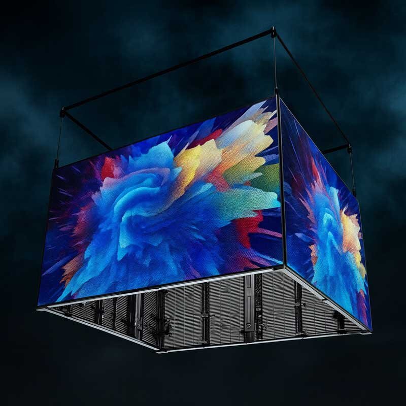 suspended 3d cube installation with rental transparent led screens