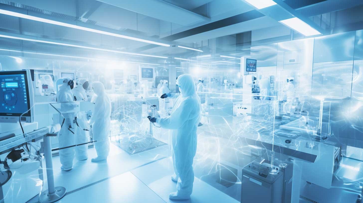 workers in cleanroom suits meticulously align layers of glass