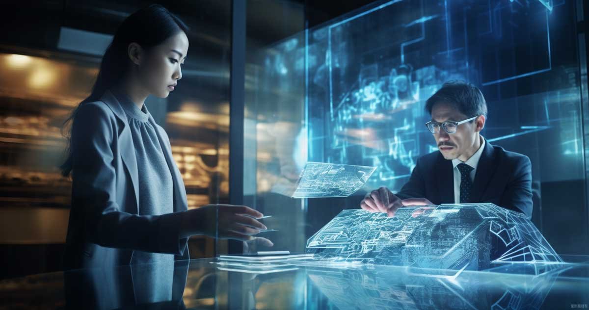 two people working with a touch display in an office