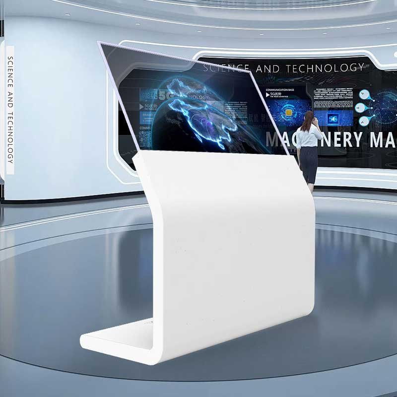 55 inch transparent oled display–angled tabletop free standing signage