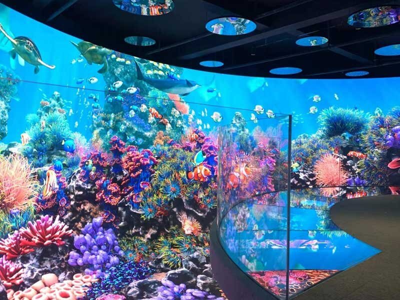 170sqm patented P3 naked-eye 3D LED bowl screen at Weihai Marine Science and Technology Museum with custom spherical modules.
