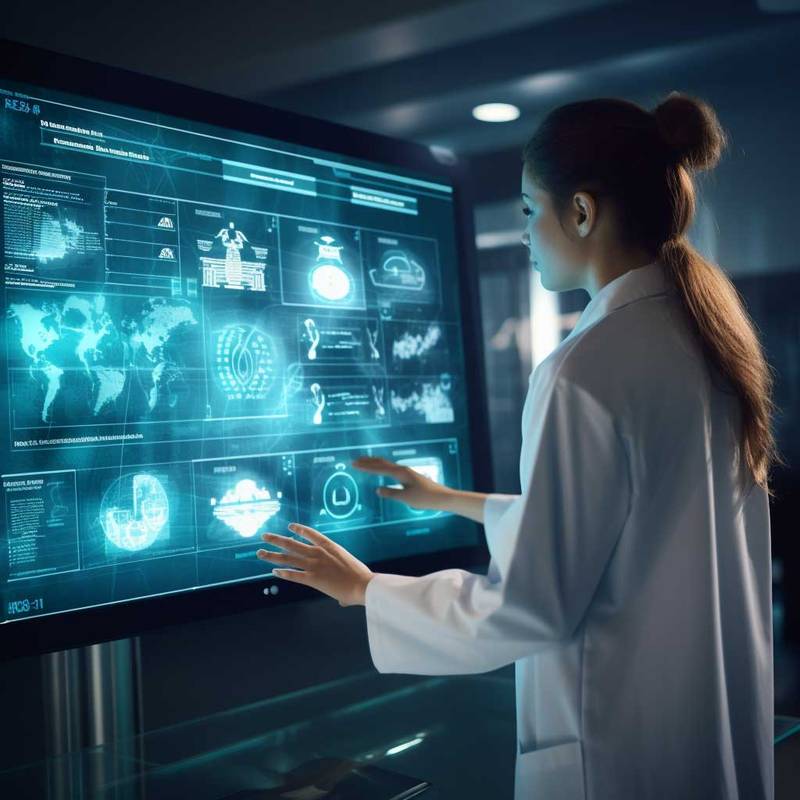 a close up shot of a healthcare professional using a touch screen display in a medical setting