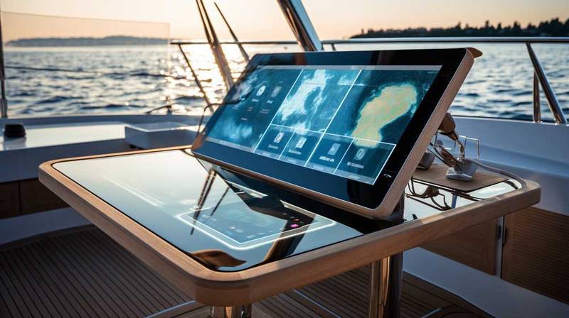 displayman's marine waterproof touchscreen displays showcased on the deck of a sleek yacht