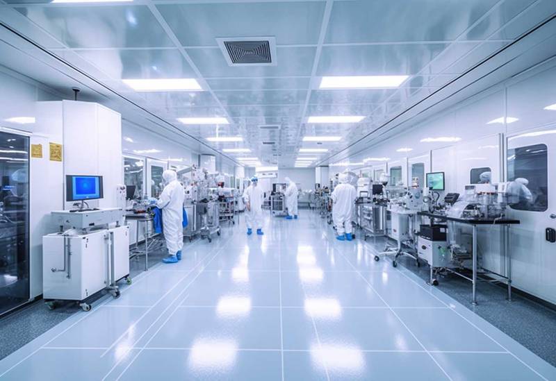 lcd factory's cleanroom laboratory with rows of machines and equipment used for the production of semiconductor materials