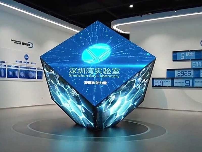 Seamless 90-degree LED cube display at Shenzhen Bay Laboratory featuring high-resolution 3D data visualization.