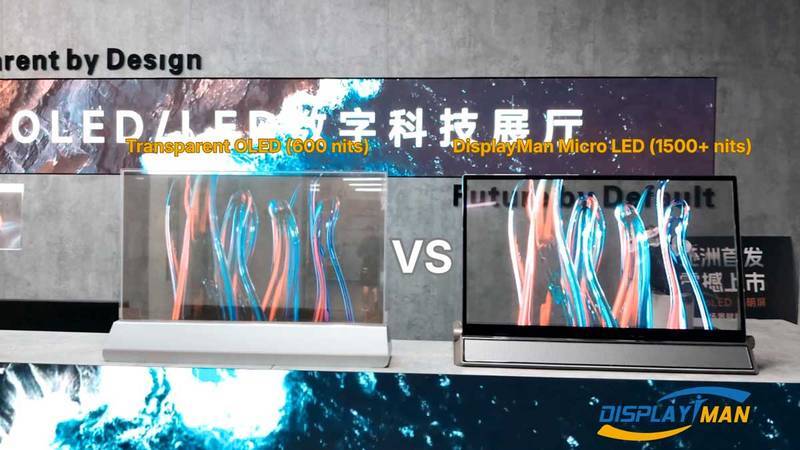 Side-by-side comparison of 30-inch Micro LED vs Transparent OLED showing 3000 nits brightness and 70 percent transparency.