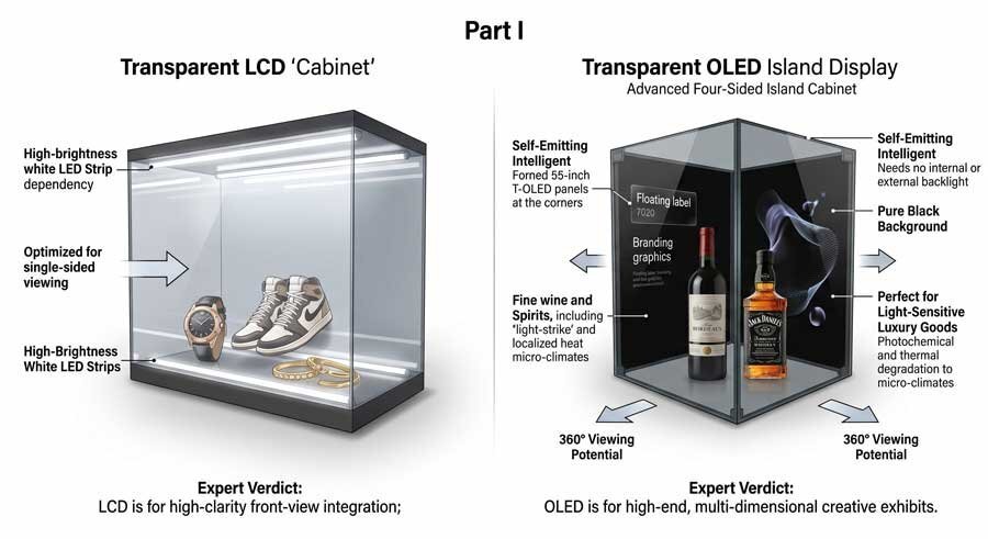 Technical diagram showing the difference between transparent LCD backlight dependency and transparent OLED self-emitting structure for retail cabinets.