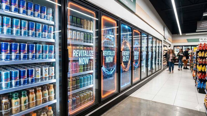 Row of transparent LCD cooler doors displaying dynamic digital advertisements in a convenience store aisle, with physical energy drinks clearly visible behind the screens.