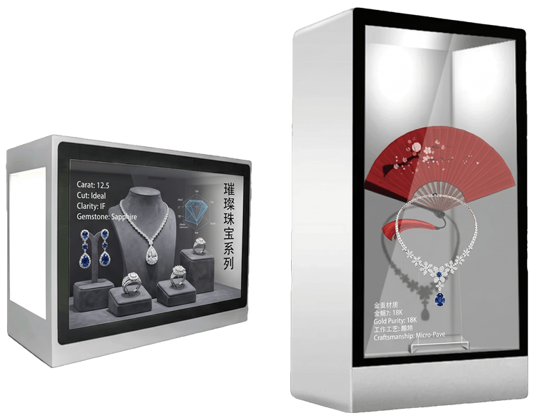 Industrial-grade transparent LCD display cabinet showcasing luxury jewelry with interactive digital overlay