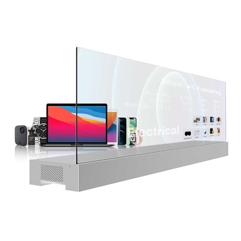 48-inch platform base desktop transparent OLED display angled working view