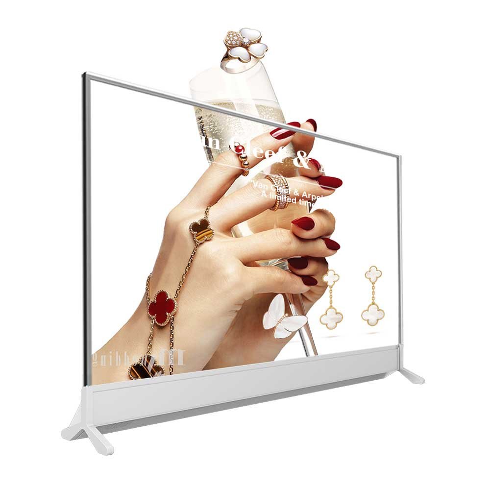 55-inch slim bar base desktop transparent OLED display angled working view