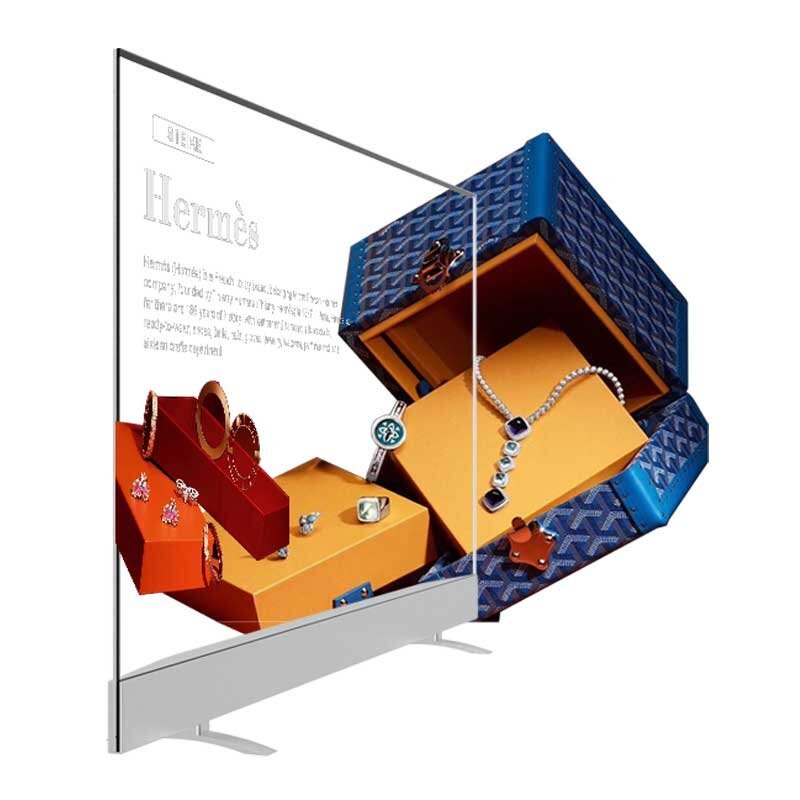 55-inch twin-foot base desktop transparent OLED display angled working view