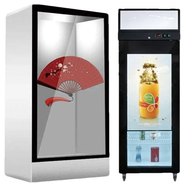 Transparent LCD display cabinet and refrigerator door display systems
