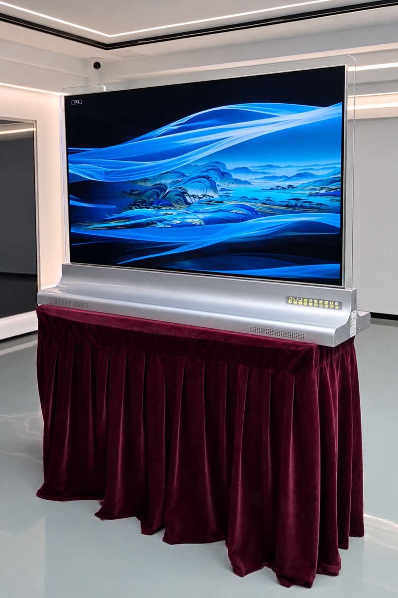 Front view of DisplayMan double-sided OLED display in a showroom