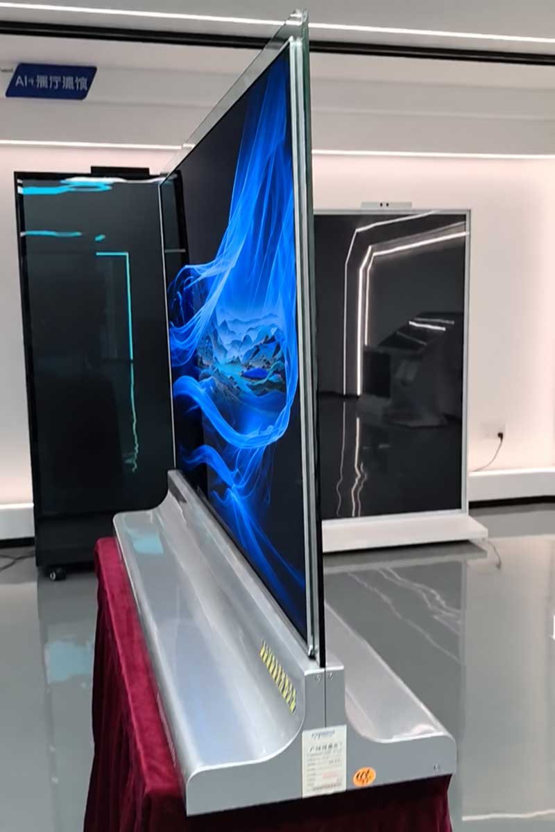 Side view of freestanding double-sided OLED display and base